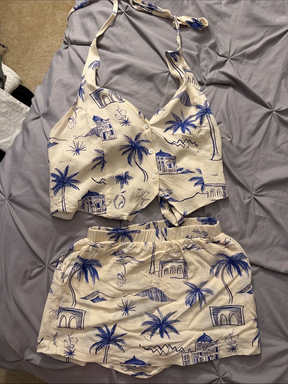 Fashion Nova Cream & Blue Palm Print Halter Skirt Set Open Back